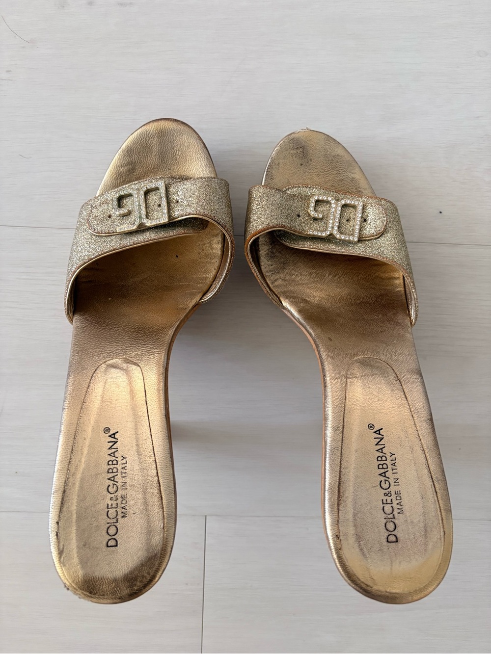 Dolce & Gabbana Metallic Gold Glitter Slide Mules